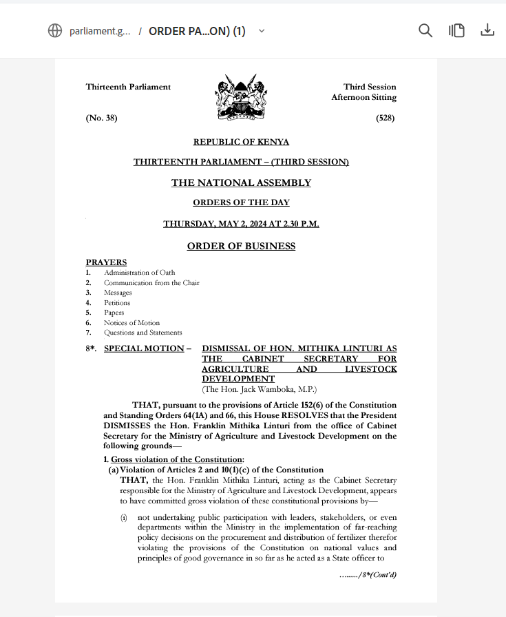 NEWS JUST IN: Parliament has published today's ORDER PAPER confirming first order of business Afternoon Session will be that small matter of reminding Mithika Linturi where he misplaced his hotel keys, two months ago. Bwana let me go get my wheelbarrow of popcorn right now.