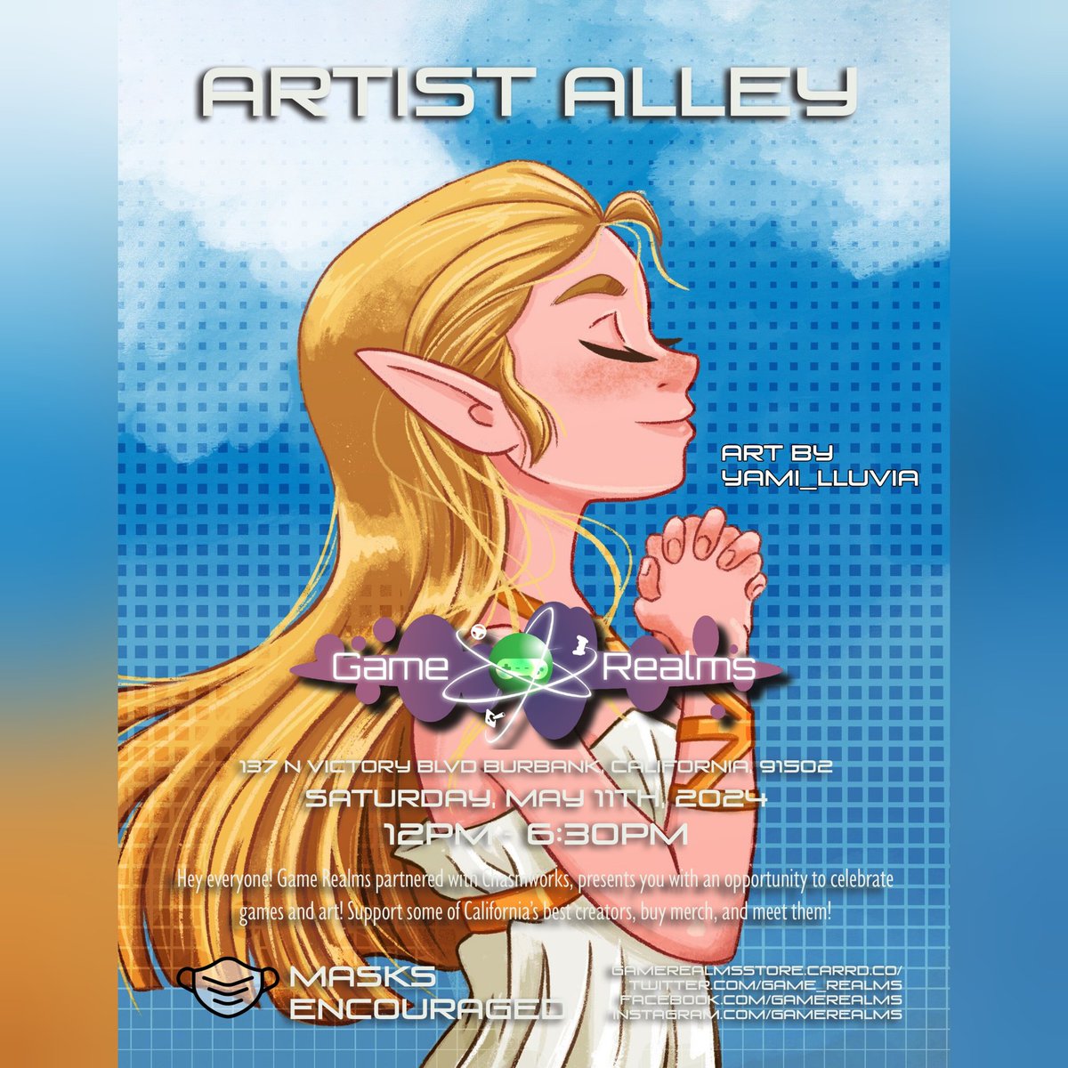 ARTIST ALLEY EVENT! Organized by @chasmworks at @Game_Realms in Burbank California! Date: May 11th, Saturday, at 12 PM to 6 :30 PM @arcadecandyco @Mirakelsey @lluvia_yami @starrybooknight @oni_hat @helloashleylam @beapeabear @alinalal_ @sheeprilyn @amudork @Heterodont