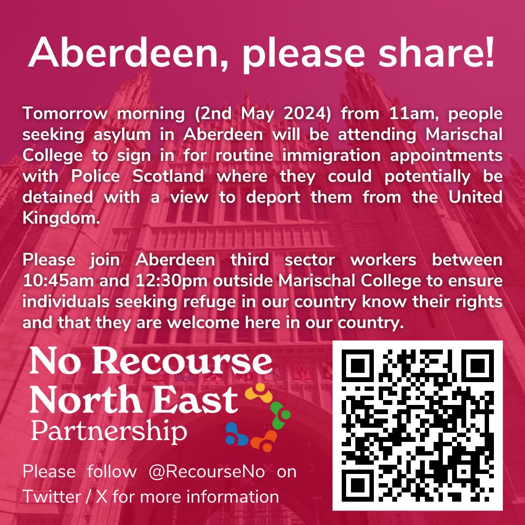 🚨 Tomorrow, 11am, outside Marischal College ⬇️ The folks at the @RecourseNo do a great job - please get along tomorrow and help them to support folks seeking asylum in Aberdeen.