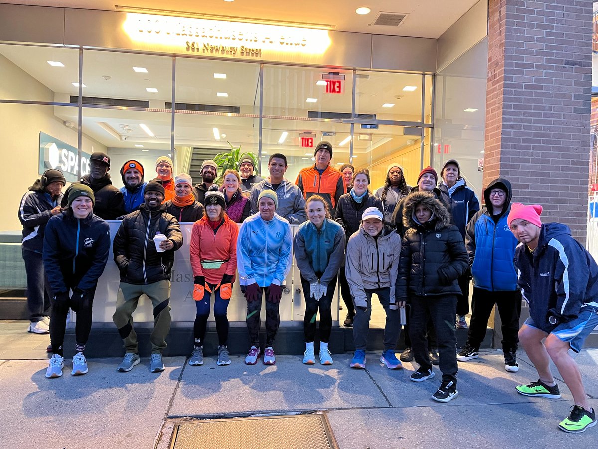 Rise and shine, Boston! #BoMFBoston hit Newbury Street in style for an energizing team run. Beanies, jackets, and bright sneakers set the mood. Cheers to those in orange and neon green kicks adding color to the morning! #BackonMyFeet #MorningMotivation #RunningCommunity
