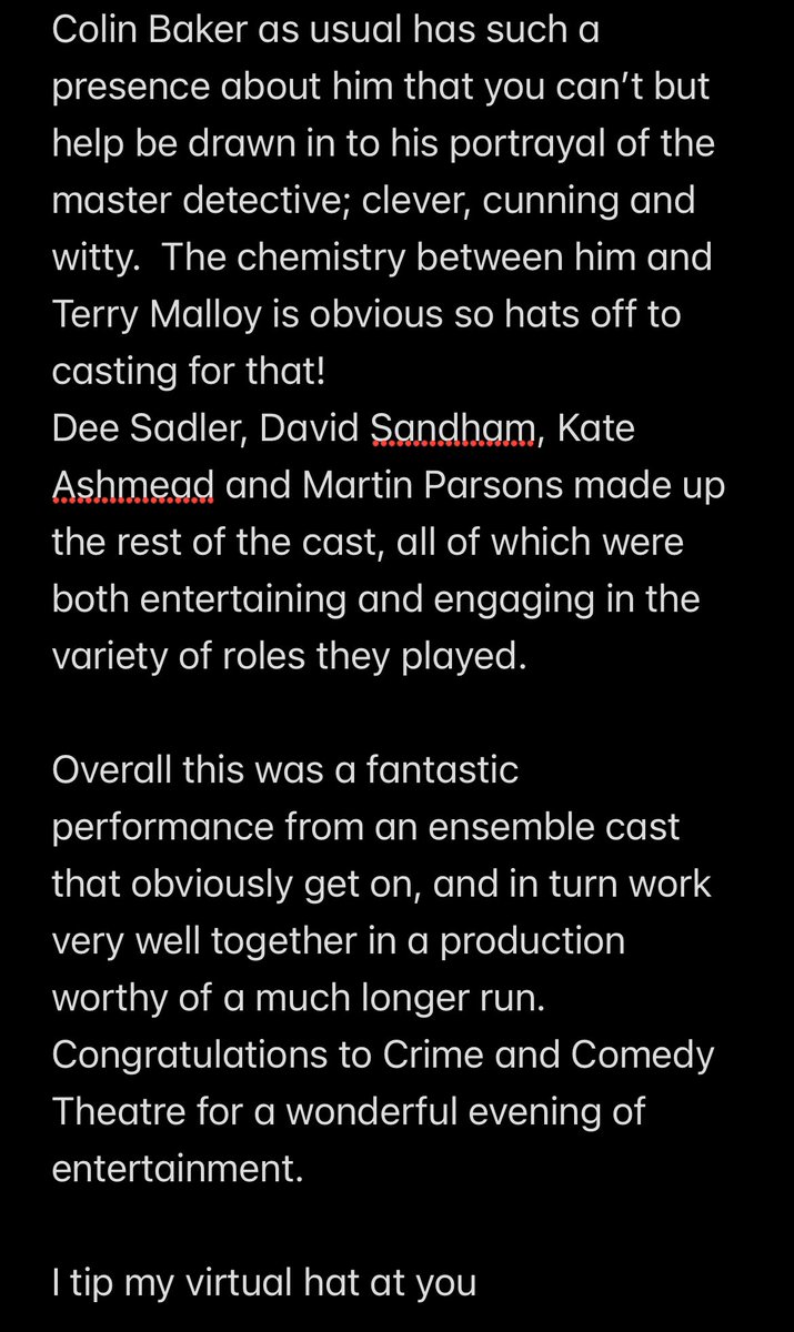 I don’t normally write reviews of plays but I was so impressed by @CrimeAndComedy performance tonight, I felt compelled to Hats off to @SawbonesHex and @ManningOfficial before I get started #theatre #doctorwho @WhosAtThePlayho @TheGingerDrWho @PodcastBell @RadlettCentre