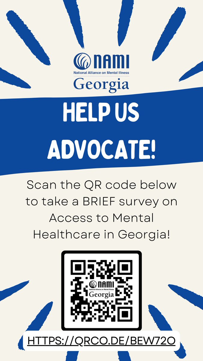 'Help us Advocate for Access! Support NAMI Georgia's Advocacy efforts by letting us know how you and/or your loved ones access Mental Healthcare. Complete the BRIEF survey now: qrco.de/bew72O

#Together4MH #MentalHealth #BehavioralHealth #gapol