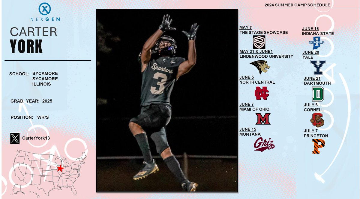 2024 Camps 2025 WR Carter York @CarterYork13 Sycamore HS Sycamore (IL) 5/7 The Stage @EDGYTIM 5/31 @LindenwoodFB 6/5 @football_ncc 6/7 @MiamiOHFootball 6/15 @MontanaGrizFB 6/16 @IndStFB 6/20 @yalefootball 6/21 @DartmouthFTBL 7/6 @BigRed_Football 7/7 @PrincetonFTBL