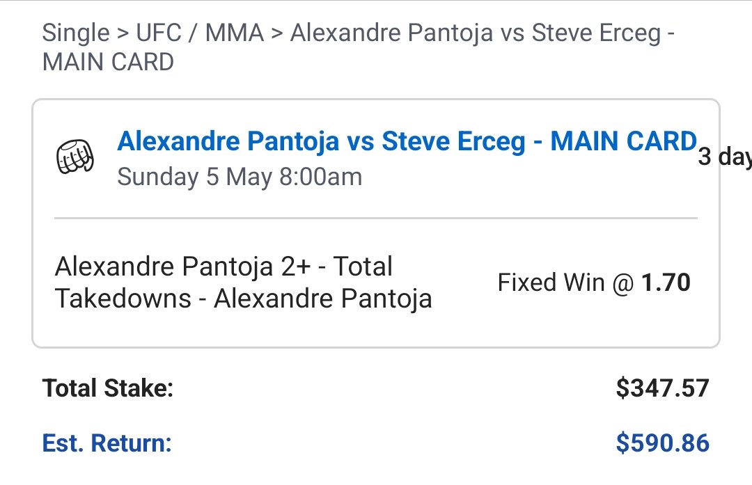 1.5U -143 (1.70) Pantoja 2 TDs 

I'd say this is pretty likely especially if the fight goes later which I think good chance it will

#ufc301 #ufcbets #bestbets