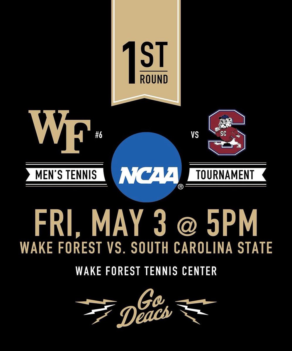 1st Round NCAA Tournament starts this Friday!! See everyone at Wake Forest Tennis Stadium 5PM #GoDeacs #NCAA #Collegetennis #MensCollegeTennis #wakeforest #wearecollegetennis