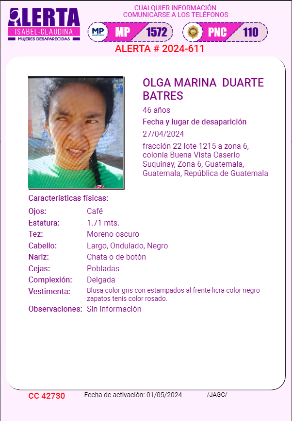 #AlertaIsabelClaudina 🚨 Ayúdenos a encontrar a OLGA MARINA DUARTE BATRES Cualquier información comunicarse al teléfono 📞 1572 Gracias por difundir esta información❗