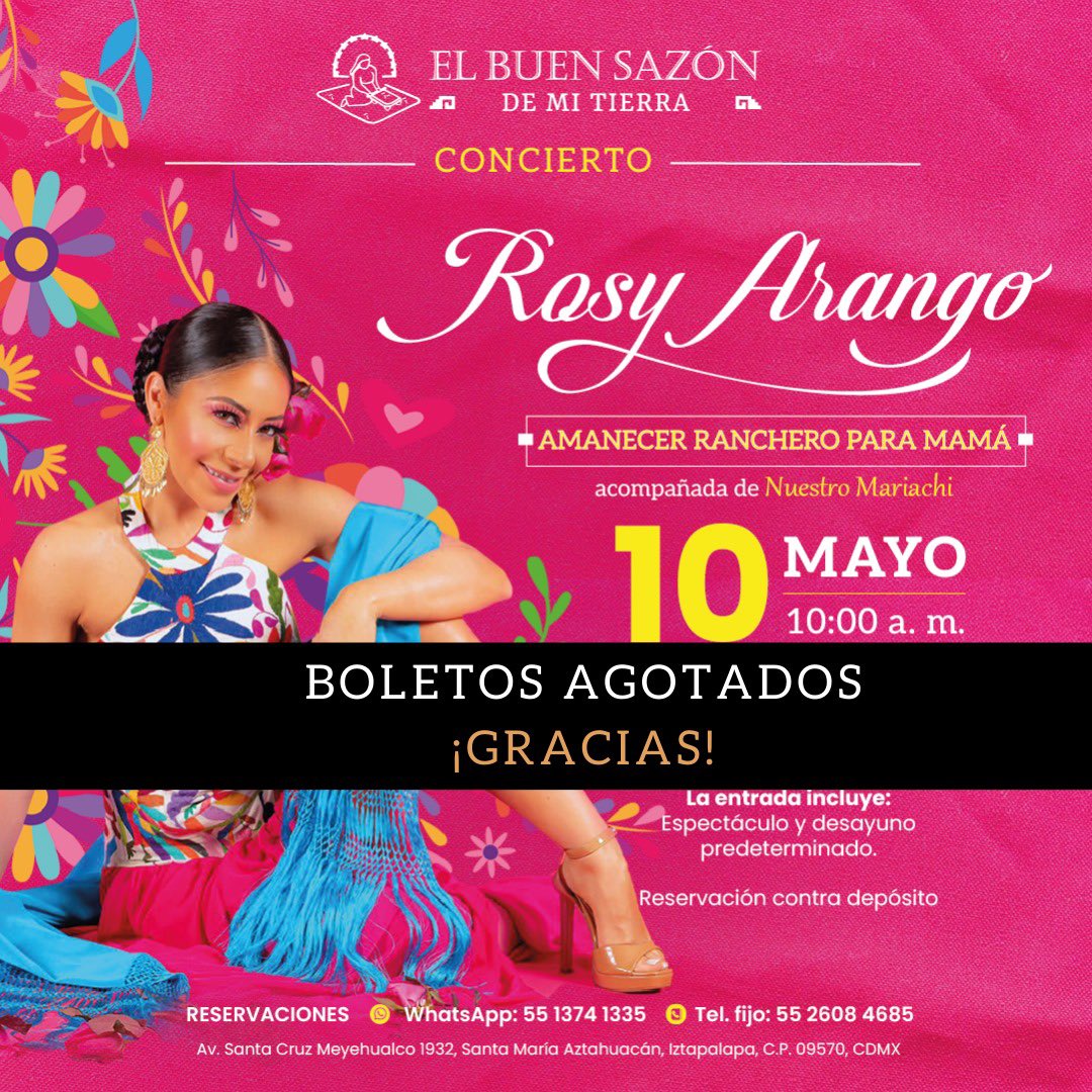 ¡Muchas gracias! Estaremos muy felices de celebrar a las #mamás en El Buen Sazon De Mi Tierra. Agradezco que nos hayan elegido para este gran día. 😀 ¡Nos vemos el #10demayo! #RosyArango #RosaMexicana #diadelasmadres