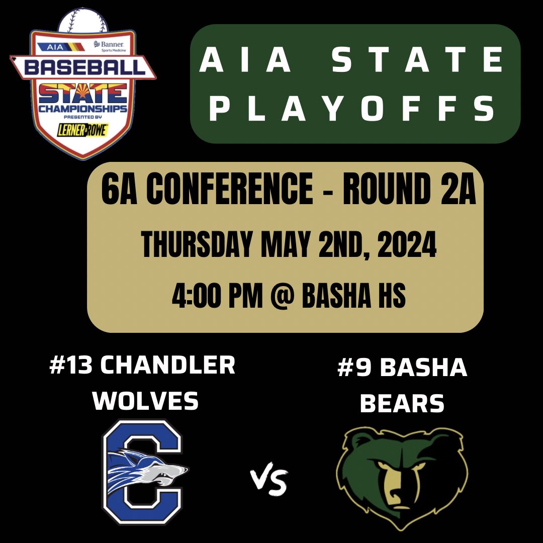 #9 Basha Bears host #13 Chandler Wolves, in Round 2A of the AIA State Championship Baseball Tournament. Game will be played at Basha HS, Thursday 5/2 at 4:00 PM.