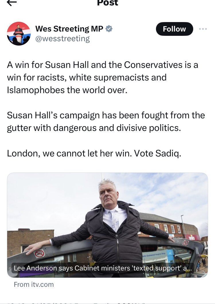 @TottenhamConse1 @Councillorsuzie Labour don't know the meaning of common decency! @wesstreeting needs to be reported as well His post is disgusting & desperate🤮🤬 #ToxicLabour Everyone must vote @Councillorsuzie to rid London of toxic Khan✅