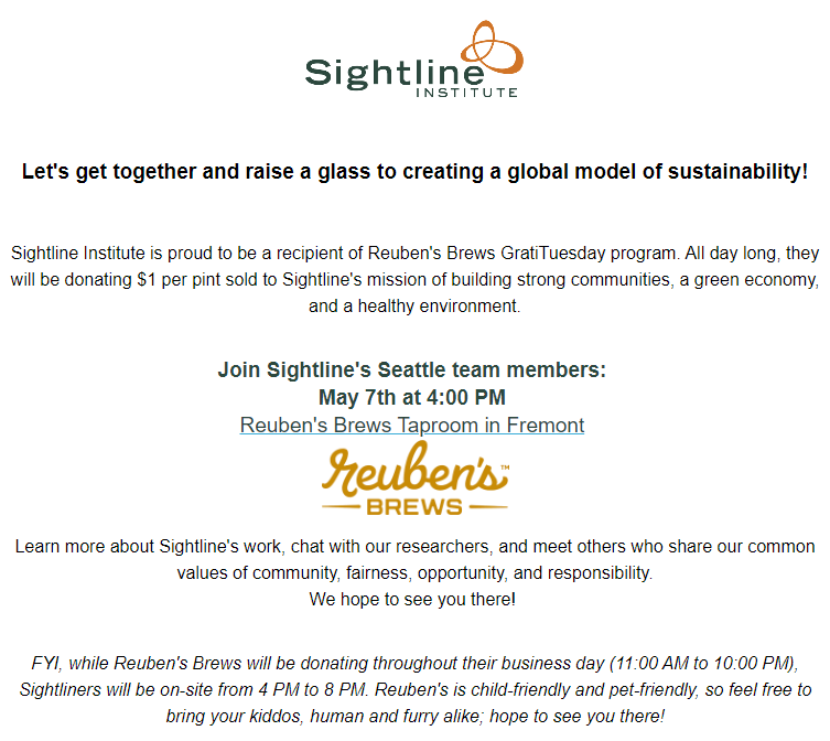 Ahoy Seattle urbanistas, ever get the hankering to drink beer for a good cause? Come hang out with me and the @Sightline nerds at the Fremont Reuben's this Tuesday May 7th, starting at 4pm. Reuben's will donate $1 to Sightline for every beer sold. mailchi.mp/sightline/reub…