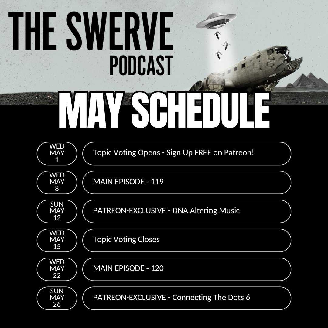 Ready for more? Our schedule for May! 🗓
-
Episodes 119 and 120! 🤯 
-
SUBMIT TOPIC OR DRINK RECOMMENDATIONS:
⟁ WEBSITE: theswervepodcast.com
.
.
.
#itsgonnabemay #DNAMusic #DNAAltering #Genetics #TopicVoting #ConnectingTheDots #conspiracy #conspiracypodcast #sciencepodcast