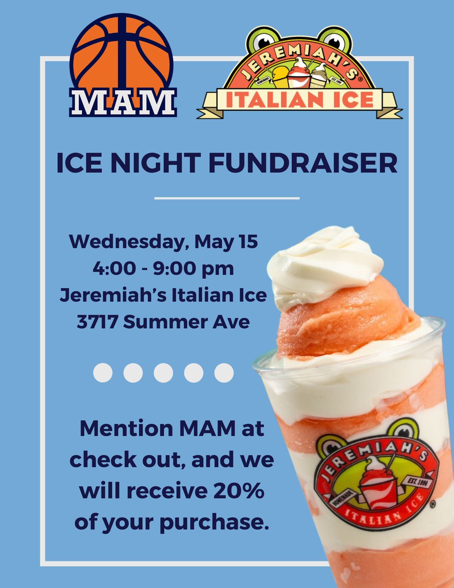 On Wed, May 15th from 4-9 pm, stop by Jeremiah’s Italian Ice & grab a sweet treat to support MAM. 🍦 With 40+ flavors of Italian ice, gelato, & soft-serve ice cream, Jeremiah’s has something for the whole family! Mention MAM at check out, & we will receive 20% of your purchase.