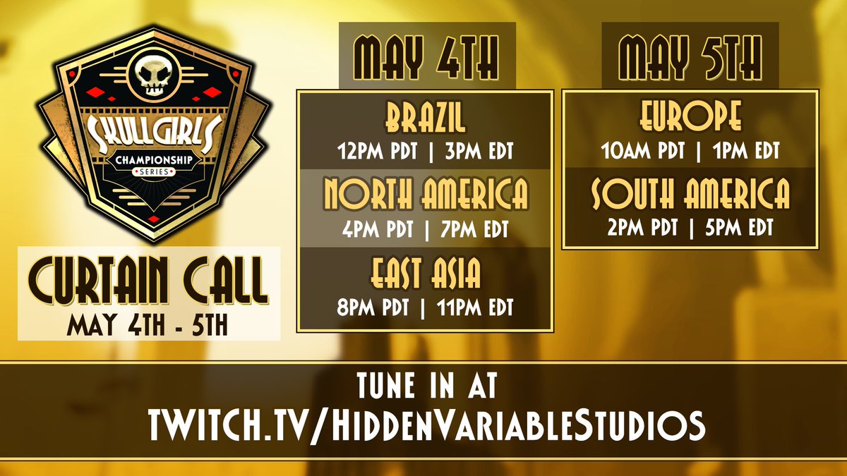 Clear your calendars and get ready for the Skullgirls Championship Series 2024 CURTAIN CALL on May 4th - 5th! Follow HiddenVariableStudios on Twitch to make sure you don't miss a single match!