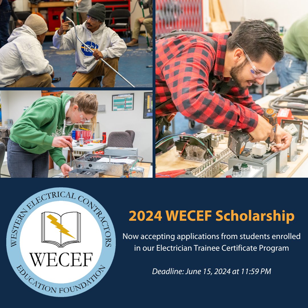 The 2024 WECEF Electrician Trainee scholarship round is now open! WECA Electrician Trainees: Apply for consideration by June 15, 2024 at wecef.org/scholarships

#goweca #electriciantraining #onlinelearning #electriciantrainee #scholarships #careersinconstruction