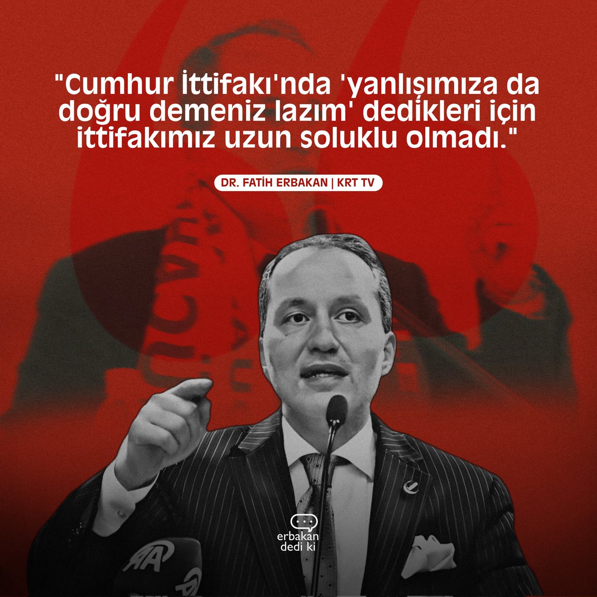 ❝Cumhur İttifakı'nda ❛Yanlışımıza da doğru demeniz lazım.❜ dedikleri için ittifakımız uzun soluklu olmadı.❞

💬 Dr. Fatih Erbakan
📅 30.04.2024 - KRT TV
•
#FatihErbakan #YenidenRefahPartisi #MilliGörüş #Erbakan #Türkiye #Ekonomi #Siyaset #Politika #NecmettinErbakan