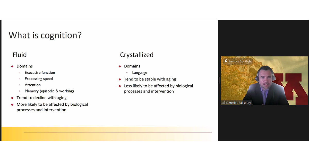 'Your cognition 'fluid domains' - function, processing speed, attention, memory - can be positively impacted by interventions like exercise,' @UMNNursing Dr. Dereck Salisbury shares at #MiniMedicalSchool #exercise | #aging | #alzheimers | #agingbrain | #healthyaging