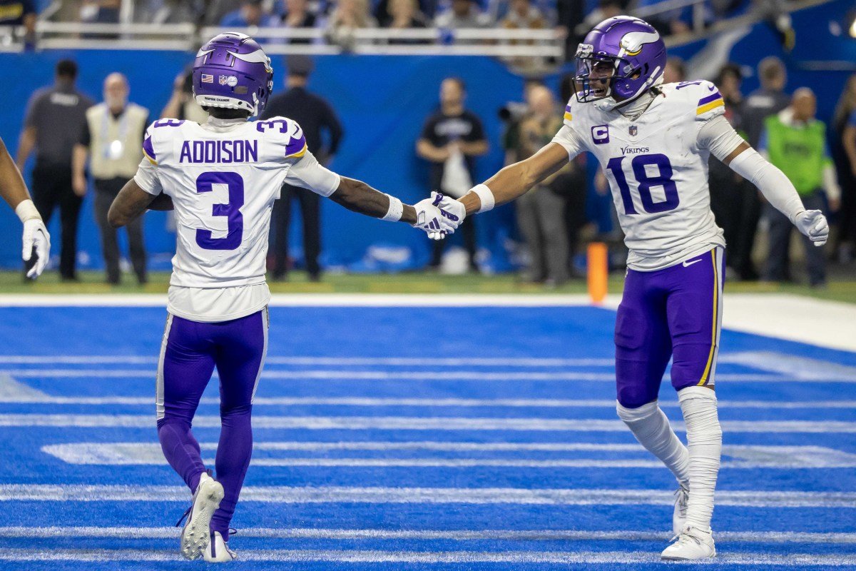 Minnesota Vikings Offense 2024:

-  QB JJ Mccarthy / Sam Darnold 
- RB Aaron Jones 
- WR Justin Jefferson
- WR Jordan Addison 
- WR Brandon Powell 
- WR Trent Sherfield 
- TE TJ Hockenson