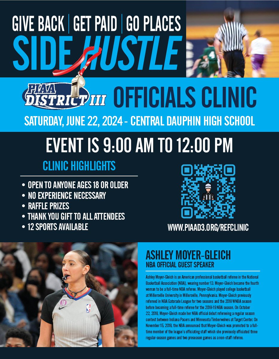 piaadistrict3's tweet image. Want to earn great money in a part time gig? Want to get some exercise at the same time? Want to learn more? Come to our PIAA District III Officials Clinic, June 22 at Central Dauphin High School. piaad3.org/refclinic