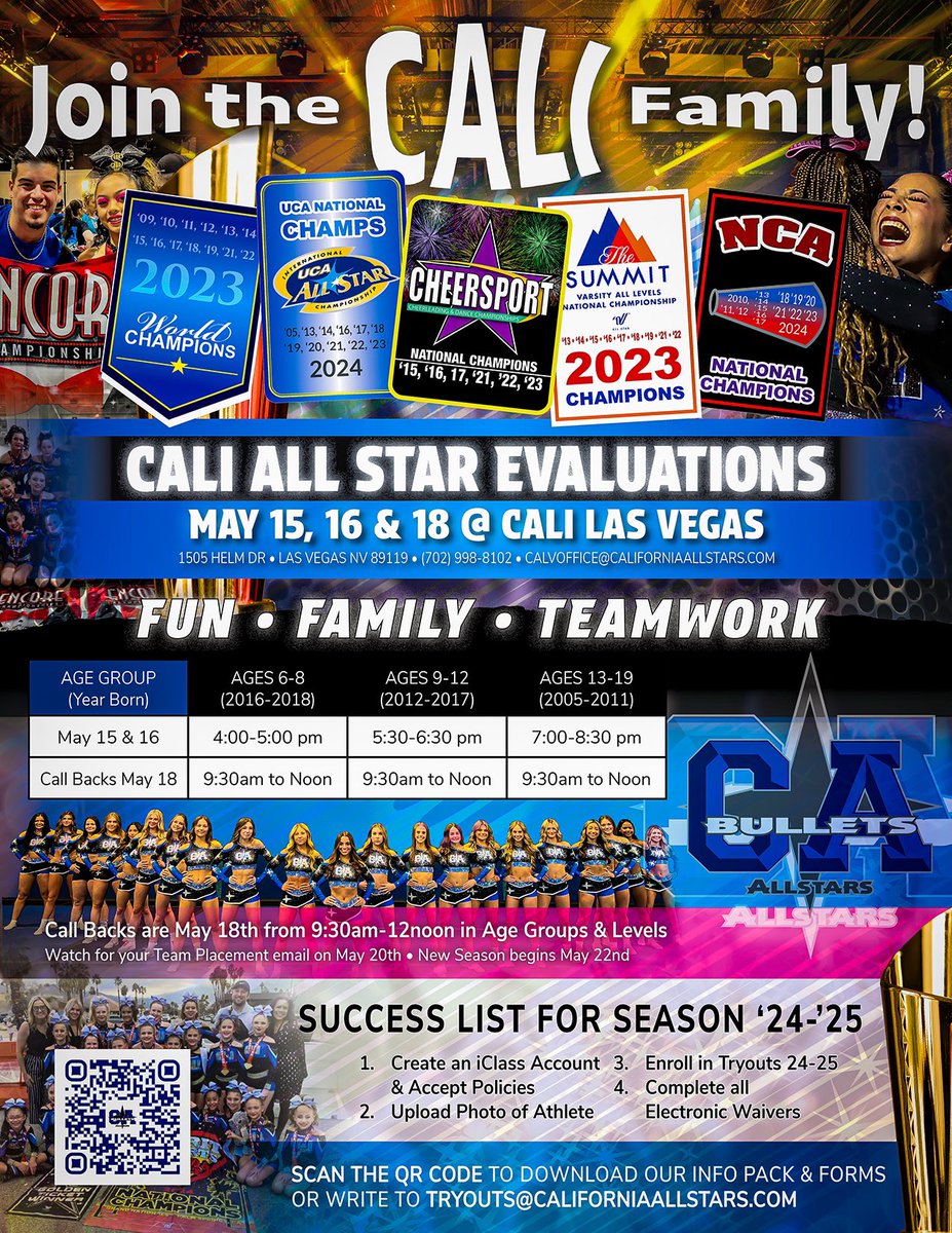 CALI LAS VEGAS TRYOUTS! DATES/AGE GROUPS: 🥇 5/15 4-5pm Ages: 6-8 5:30-6:30p Ages: 9-12 7:00-8:30p Ages: 13-19 🥇5/16 4-5pm Ages: 6-8 5:30-6:30p Ages: 9-12 7:00-8:30p Ages: 13-19 🥇5/18 Call Backs from 9:30am-12pm in Age groups & Levels 🌟Flyer Tryouts 🌟Worlds CALL BACKS