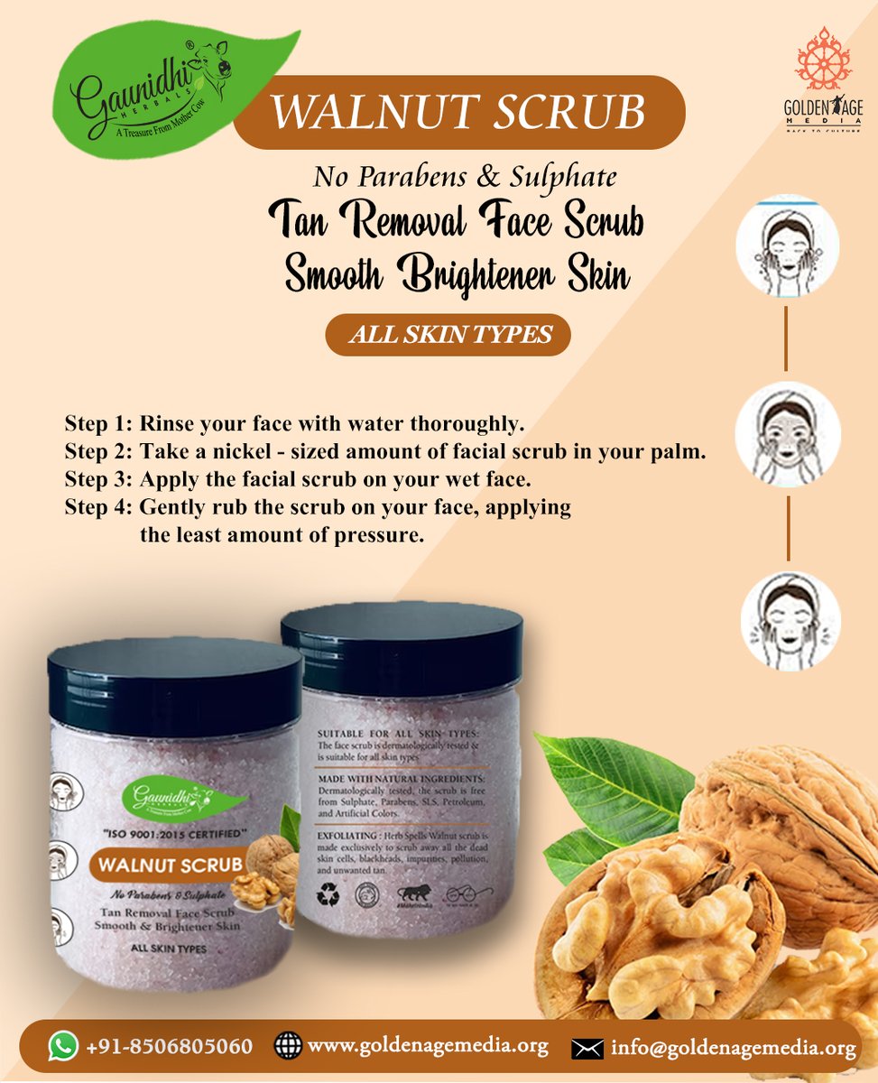 Say goodbye to dull skin and hello to a radiant glow with our Walnut Face Scrub.
Exfoliate and remove dead skin cells and reduce acne breakouts for a smoother skin.

Buy Now: rb.gy/eummj3

#goldenagemedia #Herbal #Gaunidhi #healthyskin #Walnut #FaceScrub #buy #organic