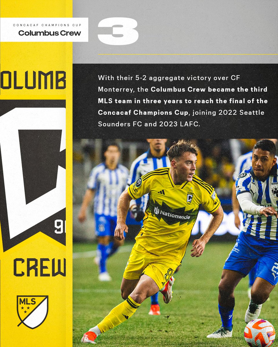 With their 5-2 aggregate victory over CF Monterrey, the @ColumbusCrew became the third MLS team in three years to reach the final of @TheChampions, joining 2022 Seattle Sounders FC and 2023 LAFC.