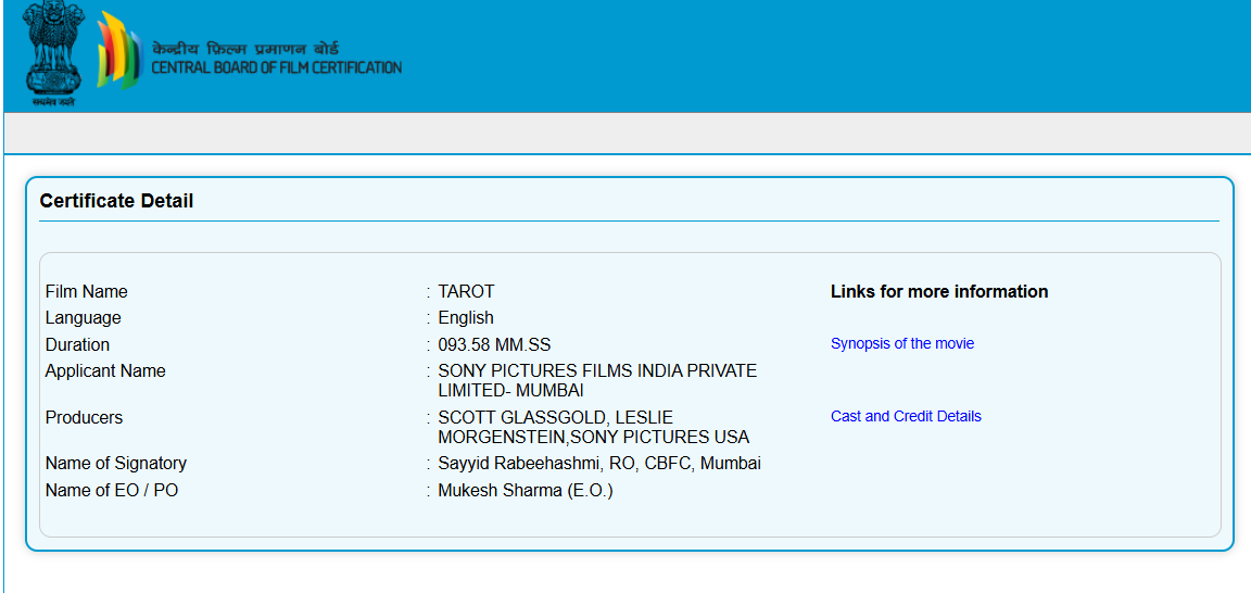 @TheUser27902 No cuts from the CBFC's side on TAROT.  #CBFCWatch 

You can see a list of things that Sony may have proactively removed for the India release at the BBFC's website: bbfc.co.uk/release/tarot-…