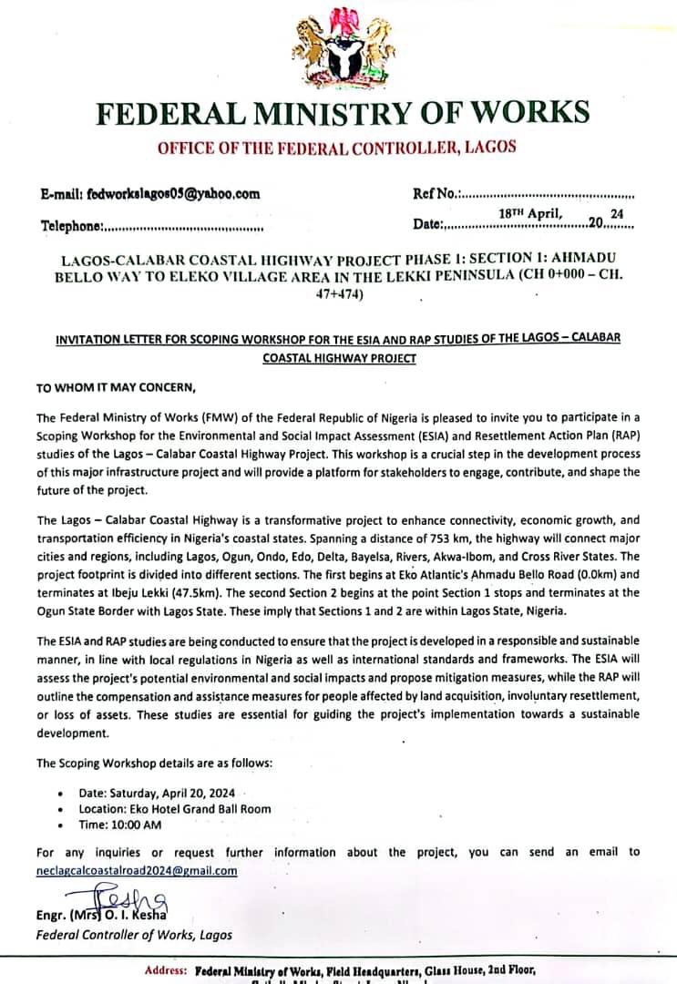 We will like to see the EIA approval for the coastal road. Kindly also refer to this. A letter showing that a scoping workshop was just done on the 20th of April