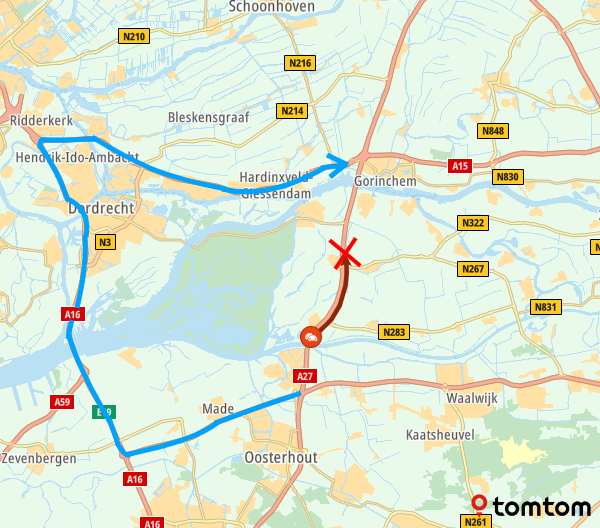 Ongeluk op de #A27 Breda ► Gorinchem. Bij Nieuwendijk is de weg 𝗗𝗜𝗖𝗛𝗧. Omrijden kan via Dordrecht over de #A59, #A16 en #A15.