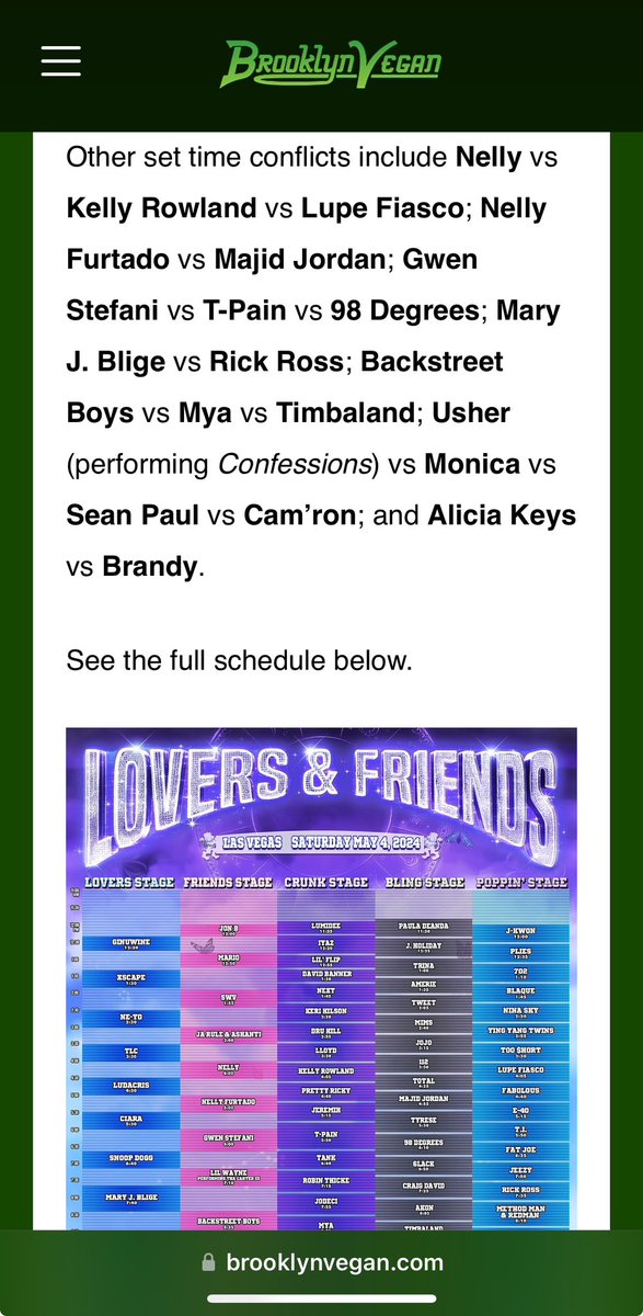 These #TimeConflicts Are Going to be insane!! Lu 

They got you versus 🆚 Nelly & @KELLYROWLAND  🆚 @LupeFiasco 

They Got @Gwenstefani 🆚  @TPAIN 

They Got @MaryjBlige 🆚 @RickRoss 

They Got @AliciaKeys 🆚 @4everBrandy 

They Need To Fix This Concert Before It gets Out Of Hand