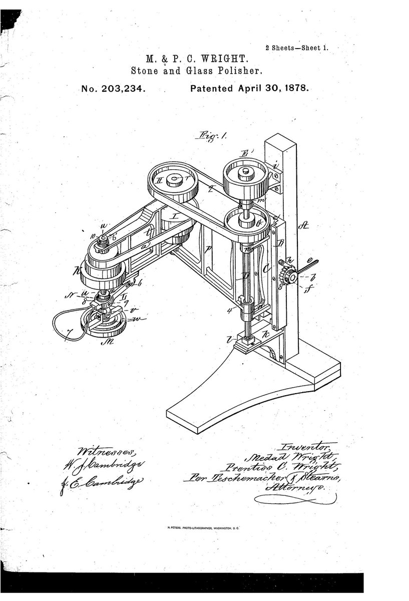 ICYMI On April 30 in #innovation history: Medad Wright and Prentiss Wright receive a #patent in 1878 for their #invention of a new machine to polish stone and glass, making materials for consumer products  easier to make & cheaper  #PatentsMatter #IndustrialRevolution @uspto