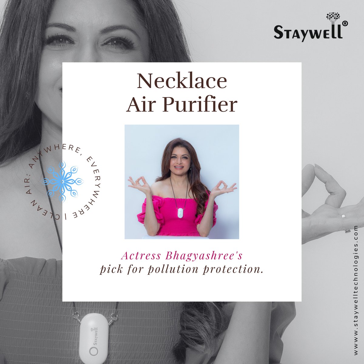 'Introducing the Staywell Necklace Air Purifier – the ultimate pollution protection endorsed by actress Bhagyashree herself! Stay safe, stay stylish, and breathe easy with this revolutionary tech on your wrist. Don't just survive, thrive in any environment!'

#airpurifier…