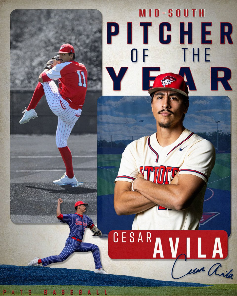 The Mid-South Conference Pitcher of the Year is Cesar Avila! Avila is 10-0 on the year and leads the Pats with 97 strikeouts! #OneBigTeam