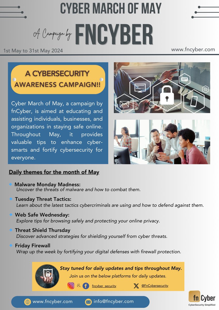 Cyber March of May is a comprehensive cybersecurity awareness campaign aimed at educating and empowering individuals and organizations to stay safe in the digital landscape.  #CyberSecurity #cybermarch #campaigning #CyberSecurityAwareness #cybersecurity2024 #CyberResilience