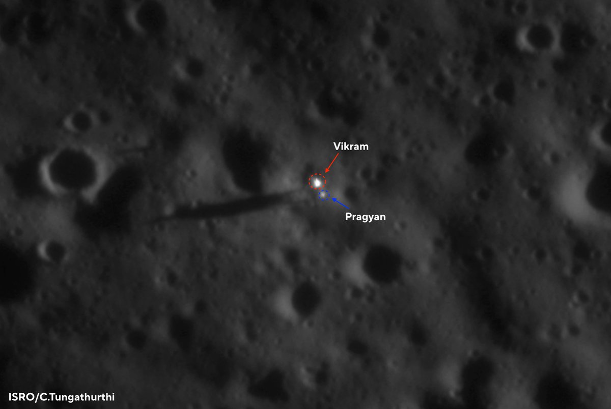 Vikram and Pragyan: India's lunar ambassadors, now captured in images by #Chandrayaan2 OHRC. latest image released by @isro shows it completely deployed and lying beside the lander. This new image was captured at an ultra-high resolution of 17cm! more details on my blog below👇