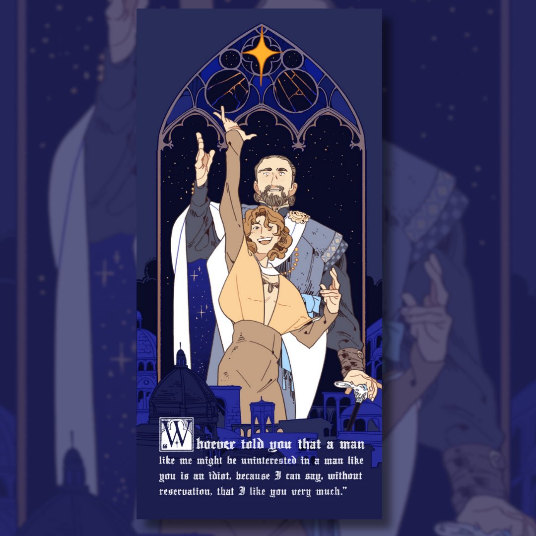 RECLAIMED bookmark by @hakunette !!! This gorgeous bookmark features Saba, a trans man scholar of the astral sea accused of murder, and Zek, the cane-using investigator trying to clear Saba’s name. It’s a preorder goodie for the book RECLAIMED out Oct 9th