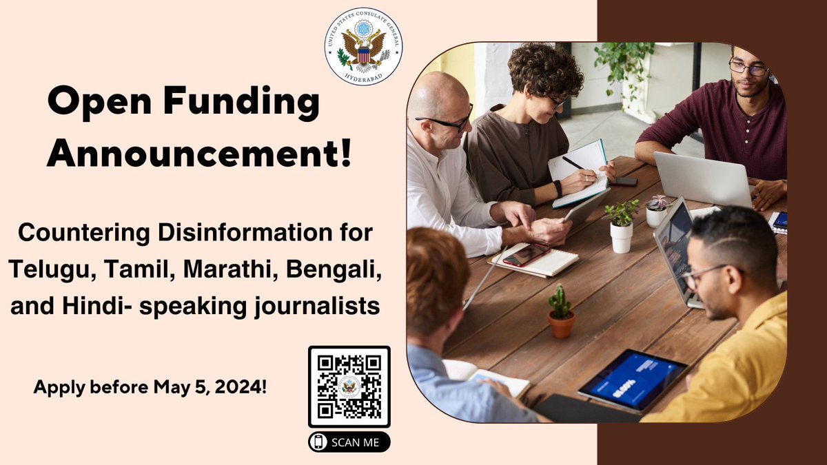 Reminder: Open Funding Announcement US Consulate Hyderabad is awarding grants between $100,000 and $175,000 for programs to build skills and training for Countering Disinformation for Telugu, Tamil, Marathi, Bengali, and Hindi- speaking journalists working in media outlets and…