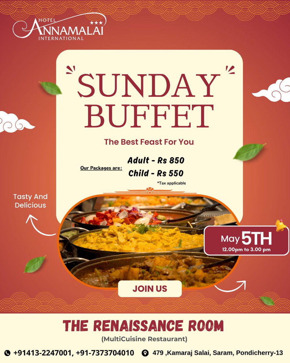 Sunday Buffet - The best feast for you

#HotelAnnamalai #HotelannamalaiInternational #restaurant #TheRenaissancerooms #instafood #weekendvibe #lunch  #Buffetplan #travel #ulimitedbuffet #buffet #Pondicherryevents #multicuisine #WeekendFeast #FoodBuffet #SundayBuffet