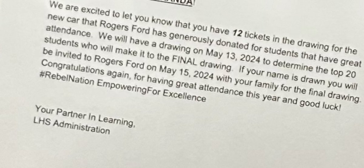Today, kids started picking up their notification letters which let them know how many tickets they have entered in the drawing to win the car that is generously donated by Rogers Ford! #attendancematters #rebelnation #EmpoweringforExcellence youtu.be/rZ88UgV7rec?fe……