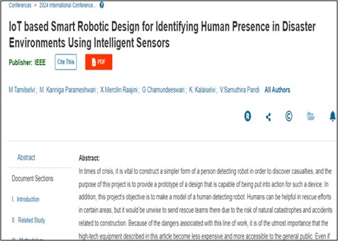 'Exciting news! Dr. K. Kalaiselvi's paper on 'IoT-based Smart Robotic Design for Identifying Human Presence in Disaster Environments' presented at AUTOCOM 2024 is now indexed in Scopus. #Research #IoT #DisasterManagement'