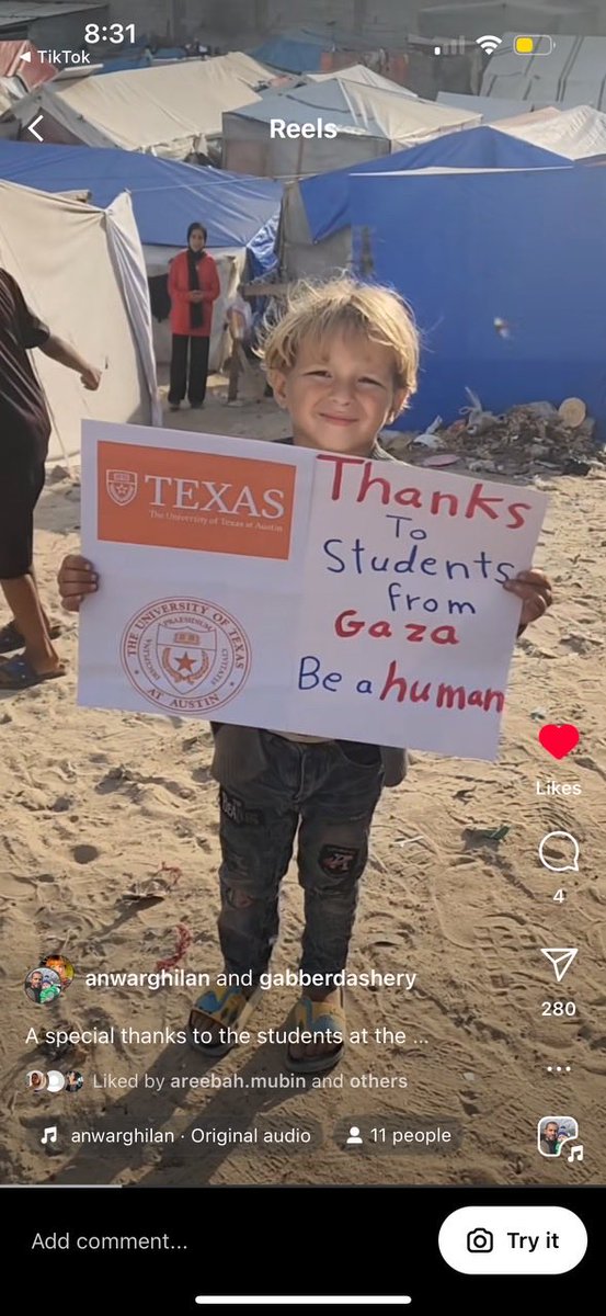 Such a touching image from Gaza. Ours is a small world. There should be a permanent ceasefire and we should end all wars. #Hookem ⁦@UTAustin⁩