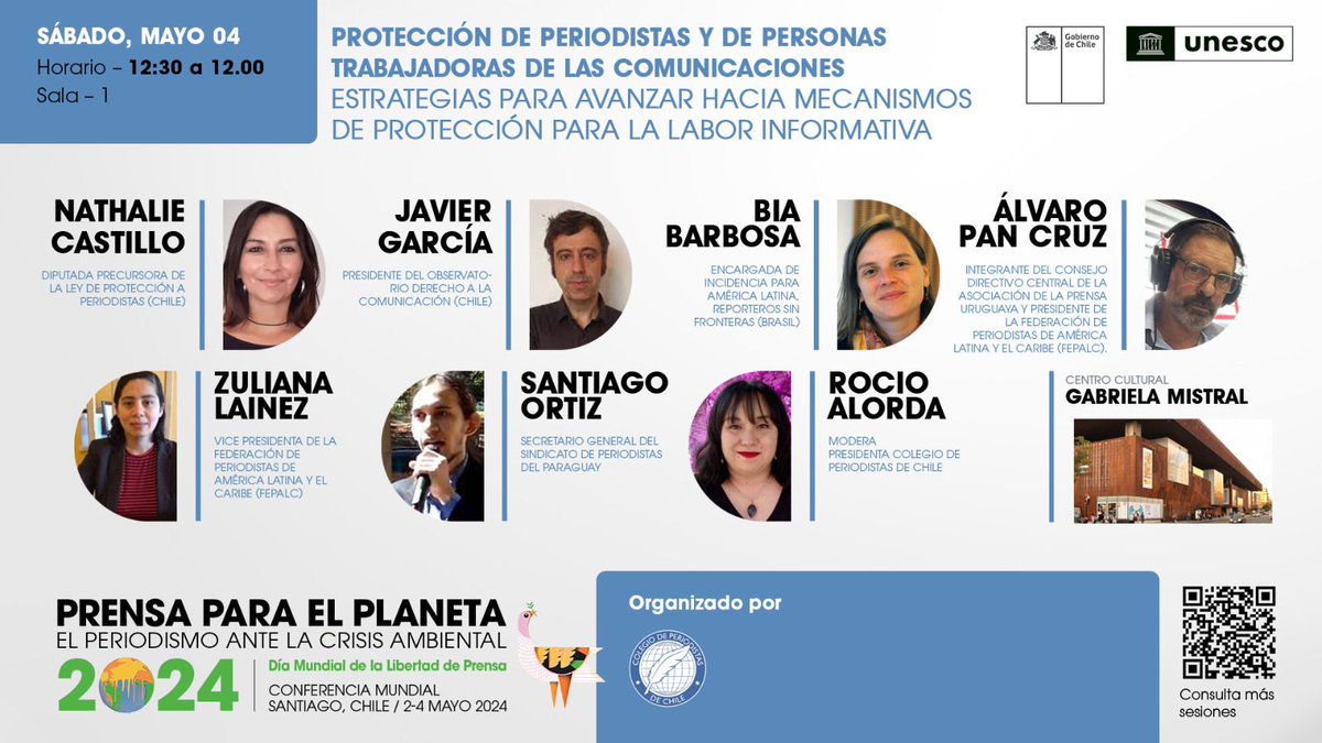 📣Side Event Conferencia Mundial de Libertad de Prensa📣 Panel: “Protección de periodistas y personas trabajadores de las comunicaciones: estrategias para avanzar hacia mecanismos de seguridad para la labor informativa".
Sábado 04 mayo, 11:00 am, sala N°1 del GAM. ¡No faltes! ✨