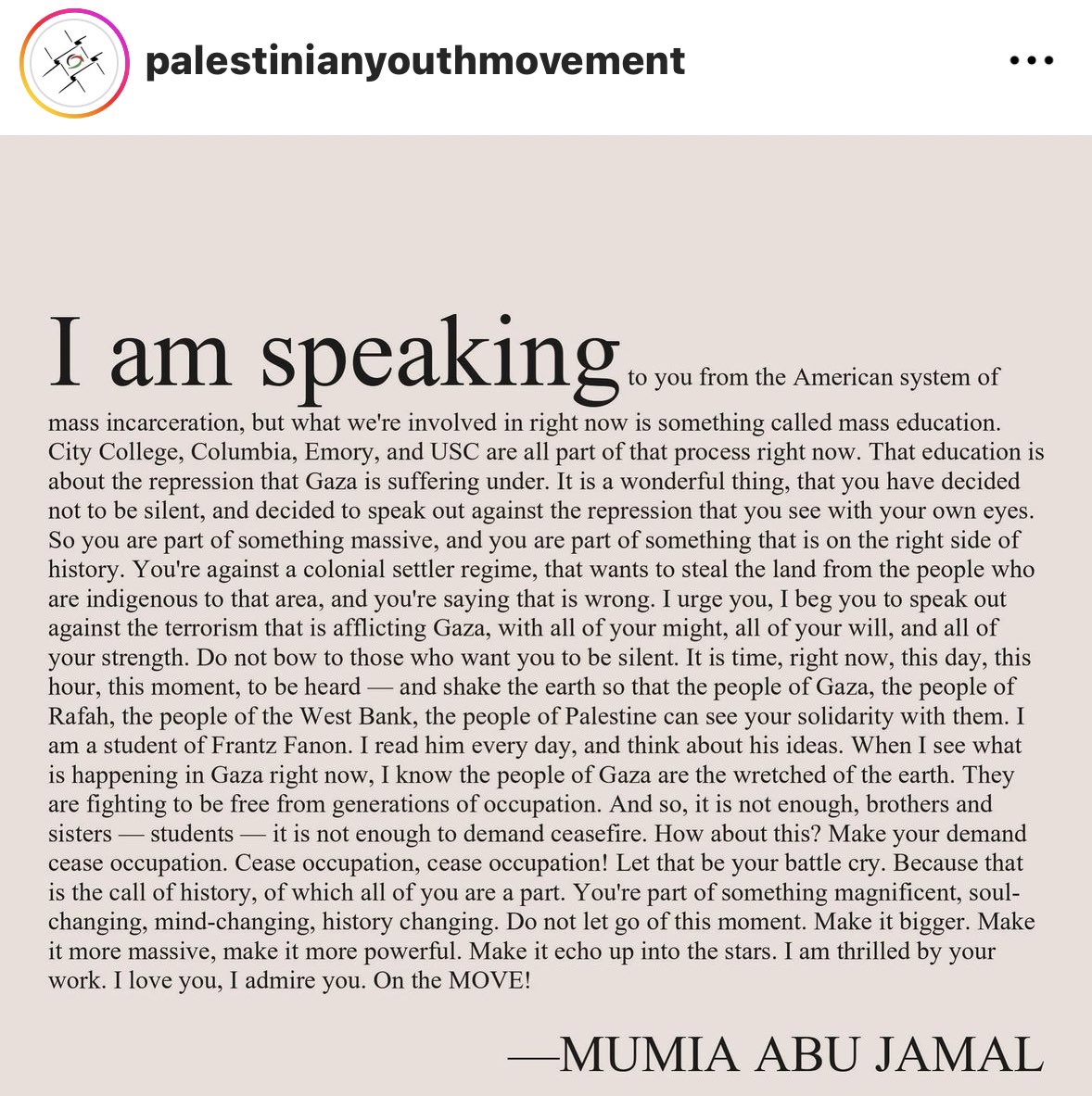 The Palestinian Youth Movement, a leader in the orchestration of protests in Canada, posts an inspiring note from the notorious former Black Panther member Mumia Abu-Jamal, who was convicted of the 1981 murder of Philadelphia police officer Daniel Faulkner and sentenced to life.
