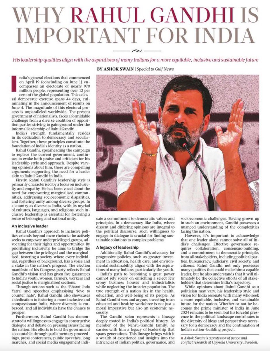 Rahul Gandhi epitomizes crucial leadership qualities that resonate deeply with the dreams of countless Indians yearning for a fairer, more inclusive, and sustainable tomorrow. Don't miss out on this compelling analysis by @ProfAshokSwain in the Gulf News (Dubai) dated May 2nd.