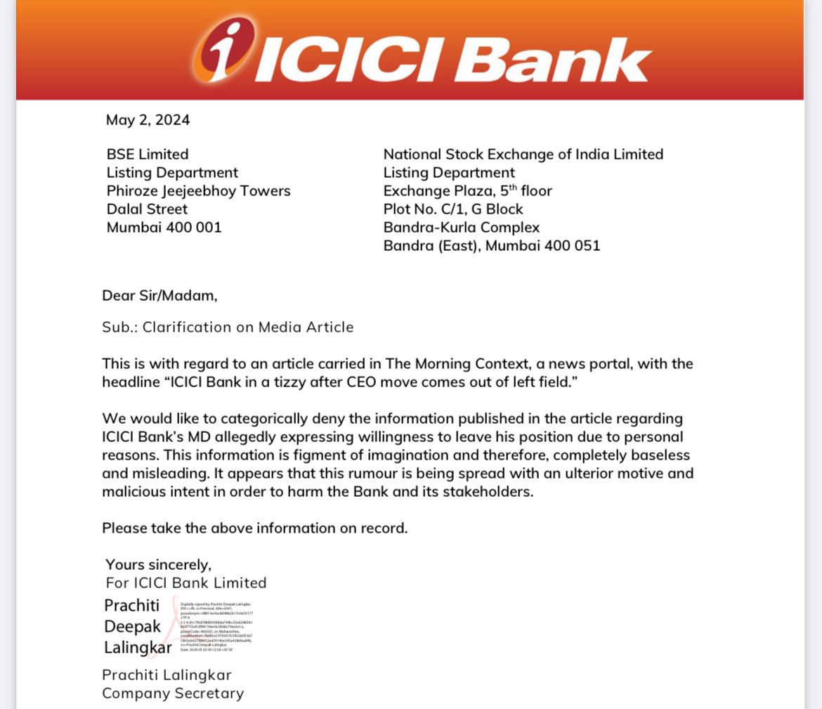 🚨Strong denial by @ICICIBank on reports of CEO Sandeep Bakhshi indicating he wants to step down for personal reasons. Bank says report is a “figment of imagination,” “baseless and misleading,” and is “being spread with an ulterior motive and malicious intent.”