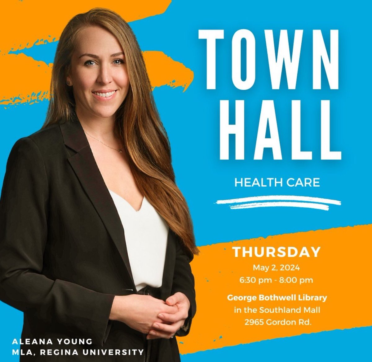 Check out @AleanaYoung’s Town Hall tomorrow, this Thursday at @OfficialRPL George Bothwell branch at 6:30pm #skpoli