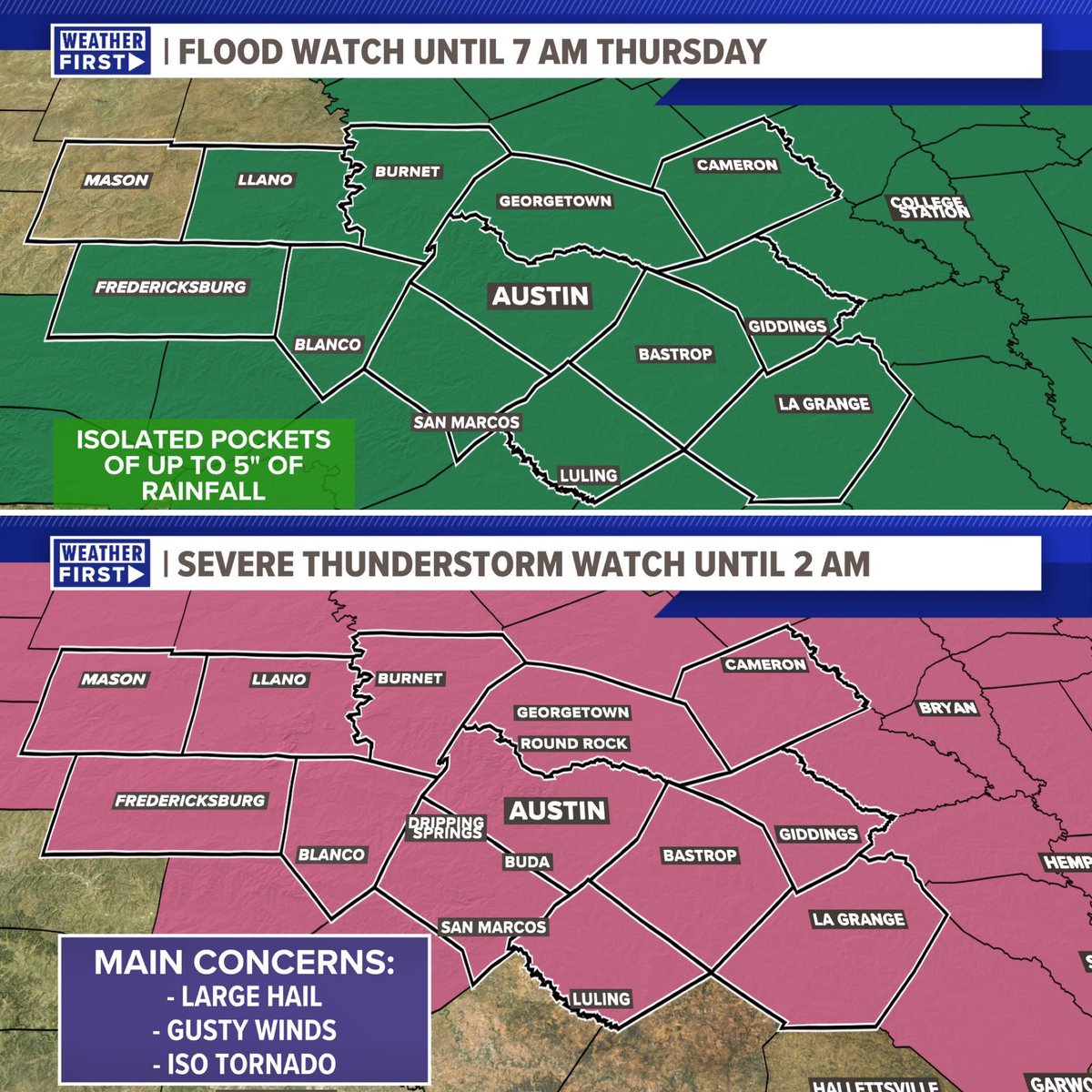 The flood and severe risk continue for the KVUE area overnight. A Flood Watch is in effect until 7 AM Thursday with localized 3”-5”+ rainfall totals. A Severe Thunderstorm Watch is in effect until 2 AM for hail, wind, and isolated tornado potential. #kvue #atxwx