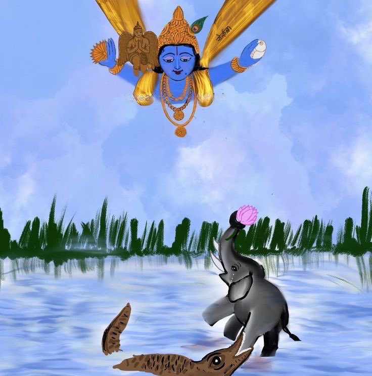 Bhagawan Vishnu rushes from Vaikuntha to save his dear devotee Gajendra, caught by Huhu. He feels Garuda's speed isn't enough, so he carries Garuda on his back to rescue Gajendra quickly.

Love for his devotees ❣️😃🙏🏻