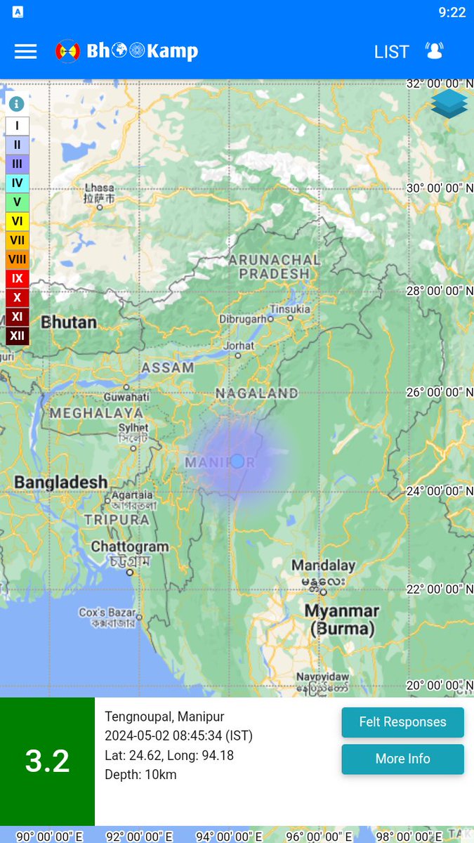 Earthquake of Magnitude:3.2, Occurred on 02-05-2024, 08:45:34 IST, Lat: 24.62 & Long: 94.18, Depth: 10 Km ,Location: Tengnoupal, Manipur, India for more information Download the BhooKamp App riseq.seismo.gov.in/riseq/Interact… @ndmaindia @Indiametdept @Dr_Mishra1966 @KirenRijiju @Ravi_MoES