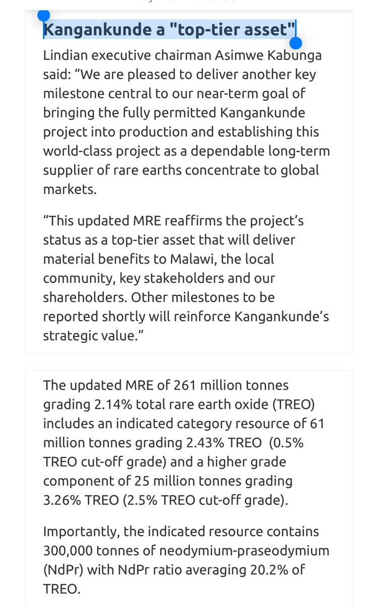 📌Kangankunde a 'top-tier asset' The updated MRE of 261 million tonnes grading 2.14% total rare earth oxide (TREO) includes an indicated category resource of 61 million tonnes grading 2.43% TREO  (0.5% TREO cut-off grade) and a higher grade component of 25 million tonnes grading