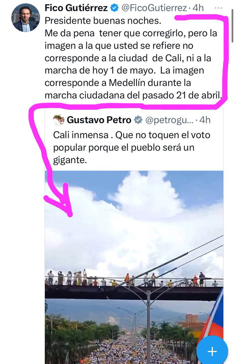 @petrogustavo, a usted no le da vergüenza incurrir en tanto error? El senador Hernández también le encontró otras dos fotos, una de Pasto y otra de Bogotá, que eliminó. Por qué no utiliza fotos de hoy, le da vergüenza saber que se apoderó de la marcha de los trabajadores?